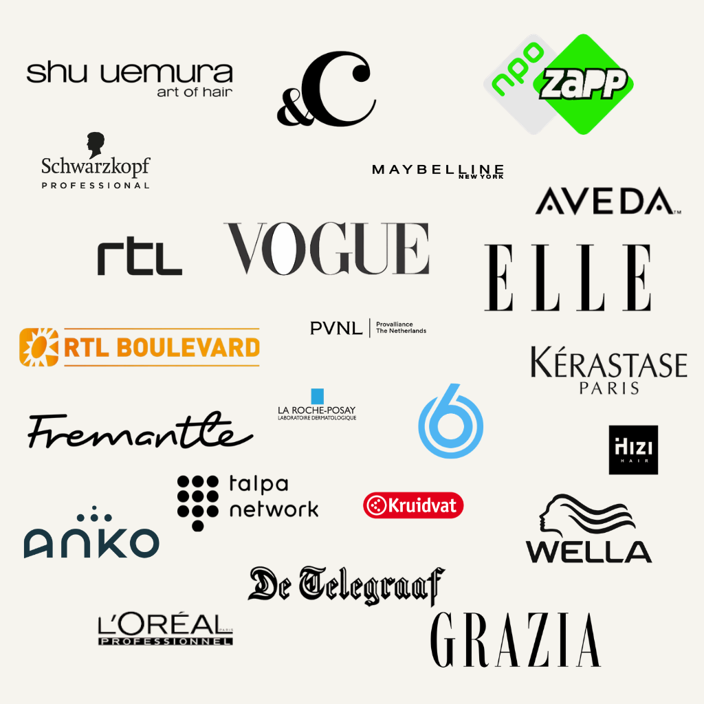 Shu Uemura &C NPO Zapp Schwarzkopf Maybelline Aveda Vogue ELLE RTL Boulevard PVNL Provaliance Kérastase Fremantle La Roche-Posay BNN VARA Hizi Hair Talpa Kruidvat Wella De Telegraaf Grazia