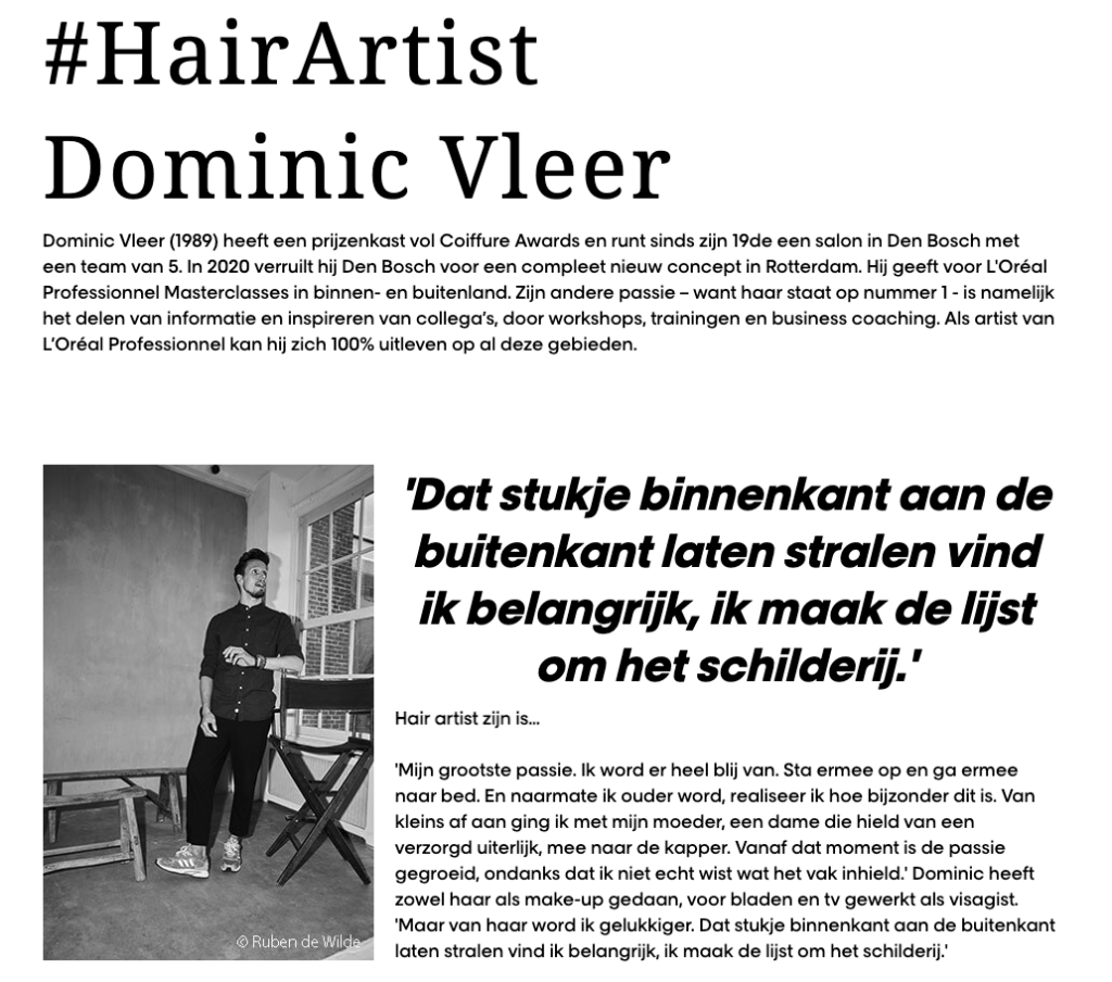interview L'artist dominic vleer Loreal professionnel